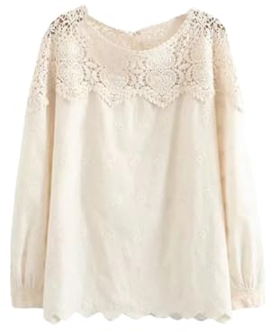 Disimlarl Camisa de algodón sólido para mujer, blusa bordada con flores y encaje de manga larga, Marfil, XXXL