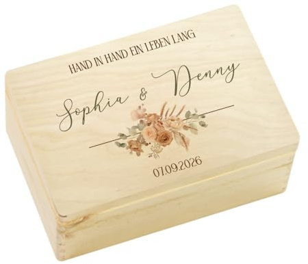 Erinnerungsbox Hochzeit Erinnerungskiste Geschenkbox Wedding Schatztruhe Trauung Hochzeitskiste für Brautpaar Holzkiste Hochzeit mit Gravur personalisiert Hochzeitsgeschenk (Hand in Hand, M)