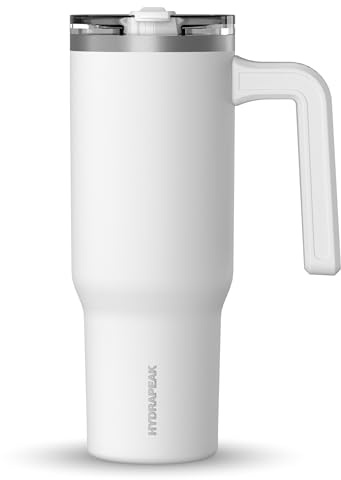 Hydrapeak Voyager 32 oz Tumbler with Handle and Straw Lid | Reusable Stainless Steel Water Bottle Travel Mug Cupholder Friendly | Insulated Cup (White)