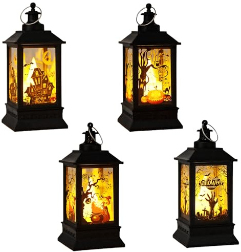 4 Pcs Halloween LED Candle Lantern, Halloween Retro LED Oil Lamp Decorative Plastic Halloween Vintage Hanging Candle Lights Hollowout Witch Pumpkin Ghost Hand Castle Hanging Wind Lamp (C)