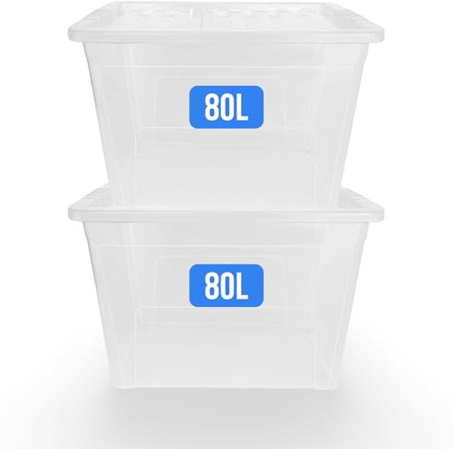 KAPCO Large Storage Box with Lid – 2 x 80L Clear Plastic Containers – Stackable Nesting Storage Bins for Clothes, Toys, Kitchen, Garage, Home & Office – BPA-Free, Made in UK, Heavy Duty Boxes