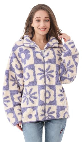 RONGTAI Dam blommigt tryck sherpa fleecejackor casual långärmade ytterkläder dragkedja beskuren kappa vinterjacka XS-XL, Lila, XS