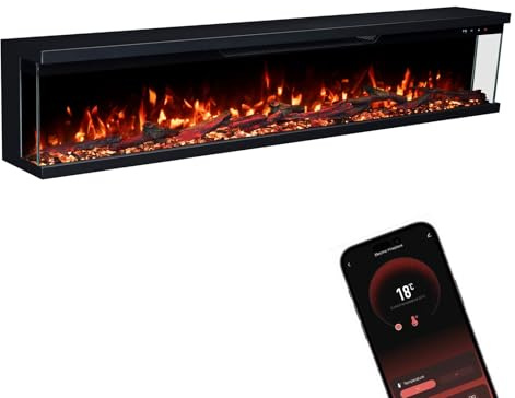 GLOW FIRE Elektrokamin Insert 182 mit realistischem 3D LED-Feuer - Wand-Elektrokamin mit Heizung und Kaminfeuer, App Steuerung, Knistereffekt & Timer, max. 1800 W, 183x35x19cm