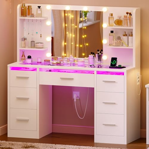 TEENFON Coiffeuse avec Miroir, Coiffeuse avec Lumières, Luminosité Réglable, Table de Maquillage avec Prise,Blanc,7 Tiroirs,5 Crochets,Plateau en Verre+RGB