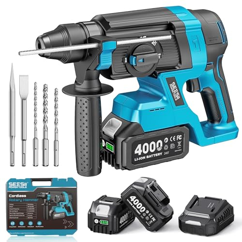 SEESII 2.8J SDS Plus Akku Bohrhammer Kit, 4-in-1 Schlagbohrmaschine mit 2×4.0Ah Akku (Kompatibel mit Makita 18-V-Akkus), Bürstenlos, für Beton, Renovierung & DIY, inkl. Bohrer, Meißel & Koffer