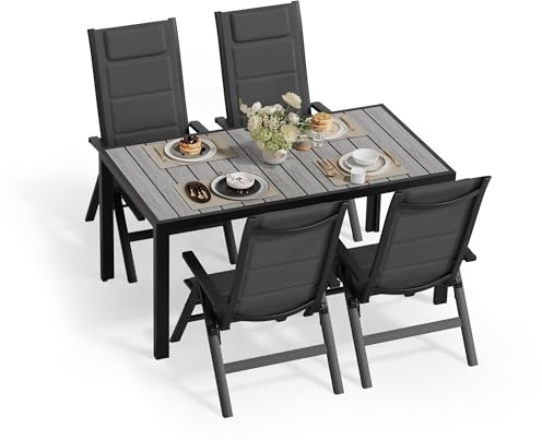 JUMMICO Gartenmöbel Set, 4 stühle Klappbar mit 1 Tisch, 5-Fach Verstellbarer Aluminium Sessel und Einer Tischplatte in Holzoptik, Wetterfestes Terrassenmöbel für Balkon und Garten