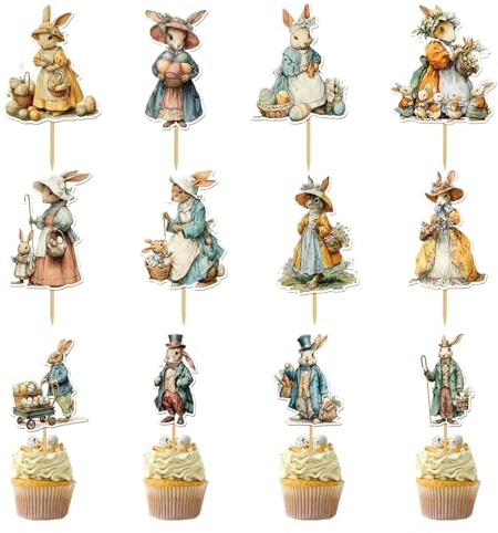 Adornos para magdalenas de Pascua | 12 piezas adornos animales con letreros | Decoración de tartas de conejo | para fiestas de primavera, festivales, cumpleaños, cocción y exhibición de pasteles