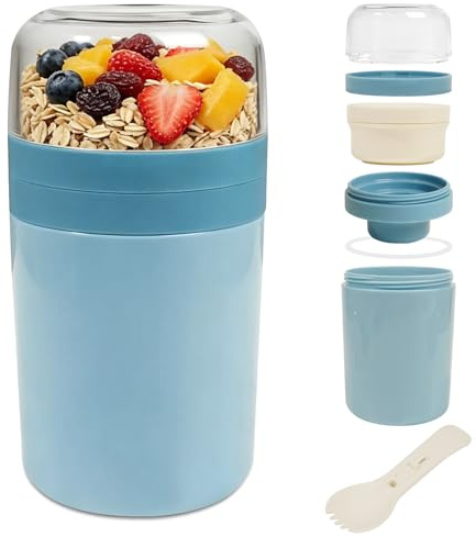 AiQInu Tazón Portátil para Cereales con Cuchara y Compartimento para Salsa, Vaso para Yogurt a Prueba de Derrames, Ideal para Salidas, Trabajo, Escuela, Picnic, Tazón para Cereales, 450ml+250m (Azul)