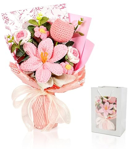 XPJBKC Bouquet di Fiori All'Uncinetto, Bouquet Fiori Uncinetto Tulipani Artificiali e Rose, B-ouquet di F-iori All'Uncinetto Completato Regalo per Lauree, Festa della Mamma, Matrimoni e Decorazione