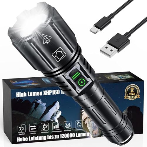 inverkey Torcia LED Ricaricabile, Estremamente Luminosa 120000.0 Lumen, Torce Ricaricabili USB, Torcia Tattica XHP160 con 6 modalità di illuminazione, IP67, Impermeabile per Campeggio All'aperto