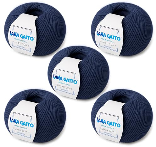 Super Soft Knitting Kit - 100% Merino Wool Mjukt garn, extrafin stickning Wool Made in Italy av Lana Gatto. Supermjuk linje. (5, Blå - 13856)