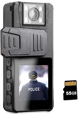 Hoestr Caméra Corporelle avec Batterie 3000mAh, Caméra de Corps 55GB avec Objectif Rotatif 180° et 2 Clips Robustes