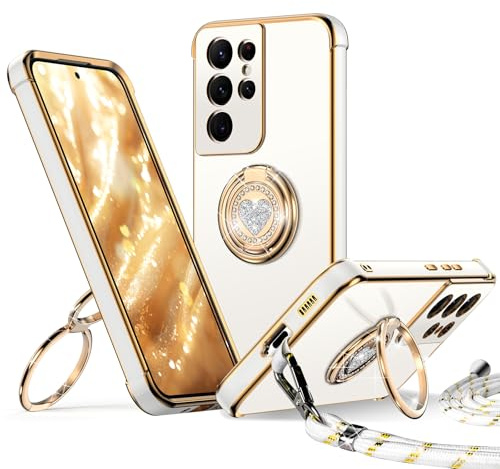 XYZ för Samsung Galaxy S21 Ultra fodral med stativ, S21 Ultra telefonfodral med snodd för kvinnor flickor, dubbel ring bling lyxigt hjärta skyddande telefonfodral för Samsung S21 Ultra, vit