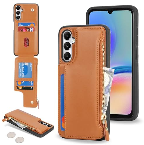 SailorTech för Samsung Galaxy A05s telefonfodral med kreditkortshållare för män, Galaxy A05s fodral med kreditkortsfack plånbok dragkedja fodral för kvinnor – brun