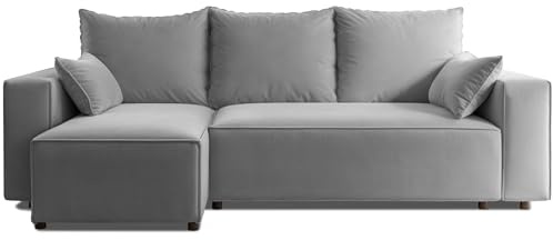 4ALL HOME Ecksofa mit Schlaffunktion Tobi 246x145 cm - Couch - Sofa mit Bettkasten - Eckcouch - L-Form - Schlaffsofa - Schlafsofa mit Bettkasten - Universal (Velo 633 Hellgrau)