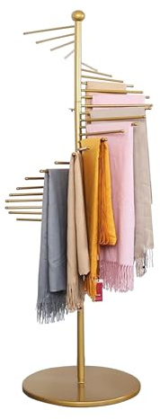 Metal Spiral Scarf Holder, 150/170cm Floor-Standing Scarf Display Rack, Hijab Belt Shawl Ribbon Iron Organizer Rack, with 30 Hanger Rods, Pivoting Stand for Clothing Store, Space Saving (Gold, 170cm)