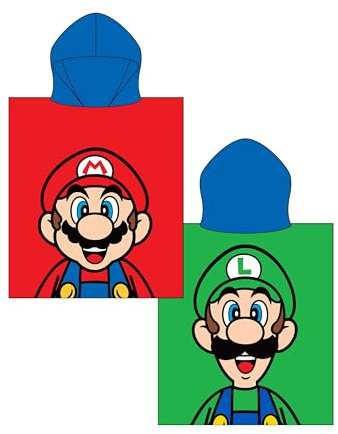 Poncho de Toalla con Capucha Oficial de Nintendo Super Mario | Tacto súper Suave, diseño Doble con Luigi | Bata de natación hogar, baño y Playa, 57,5 x 50 cm