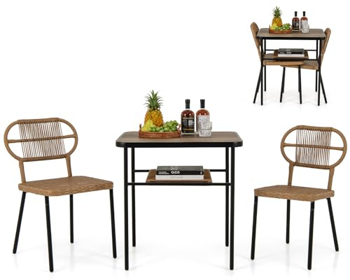 COSTWAY Conjunto Jardin Exterior de 3 Piezas, 2 Sillas de Ratán Apilables y Mesa de Comedor con Estante, Mesa y Sillas Jardin Terraza Balcon Interior Exterior