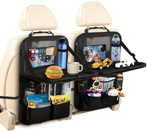 Torven Organizador Asiento Coche 2 Piezas, Negro con Mesa Plegable, 10 Bolsillos, Funda Tablet Táctil | Organizador Coche Universal para Viajes con Niños (2)