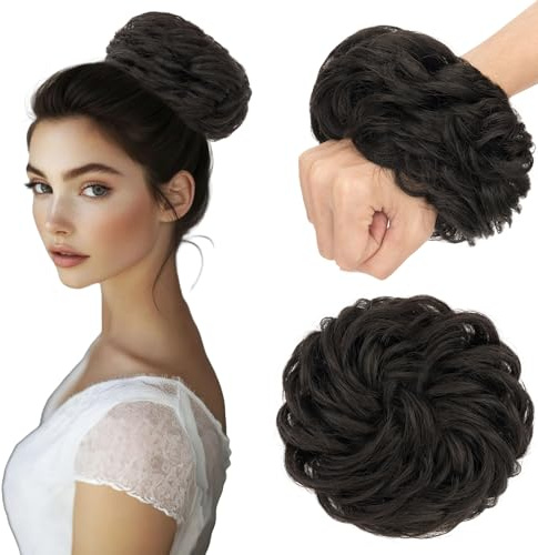 S-noilite Echthaar Dutt - Scrunchies für Gewellt Haar für Frauen, Elastisches Haarteil mit Gummiband,Dutt Haarteil Haargummi Mit Haaren 45g #1B Natürliches Schwarz