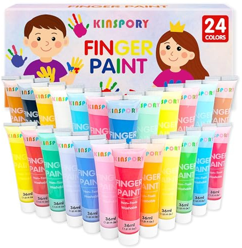 KINSPORY Pinturas de Dedos para Niños 24 x 36 ml – Pinturas Lavables para Niños Pequeños, No Tóxicas, Seguras para Manos y Pies, Materiales Artísticos Preescolares Regalos Creativos