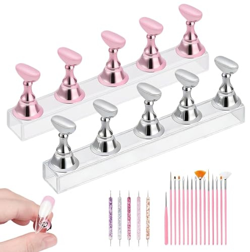 22 Pcs Nail Stand Set, 2Pcak Nail Holders for Painting Nails | with 15PCS Nail Art Brushes 5PCS Drill Pen & 100PCS Double Sided Sticky Dots, Nail Art Tools for False Nails Manicure