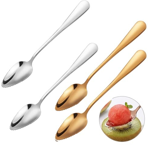 JOVYTH 4 Piezas, Cucharas para Frutas en Plata y Rosa Dorado, Acero Inoxidable con Borde Dentado, Para Kiwi, Pomelo, Calabaza, Cucharas de Postre, Lavavajillas, Prácticas
