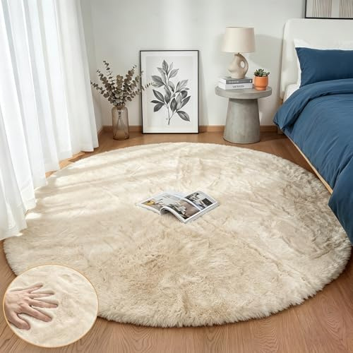 Goolela Runder Teppich Beige 180 cm, Großer Kunstfell Teppich für Wohnzimmer