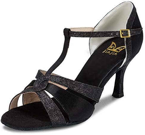 JIAJIA 20519 Women's Satin Sandals Flared Heel Latin Salsa Performance Dance Shoes Colour Black,Size 5.5 UK/39 EU