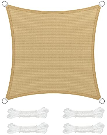 SONGMICS Sonnensegel 2 x 2 m, Sonnenschutz aus HDPE-Gewebe, luftdurchlässig, wasserdurchlässig, für Terrasse, Garten, Balkon, Camping, quadratisch, konkav, 2 m Seile, sandgelb GSS22EY