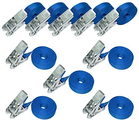 Amazon Basics Spanngurte mit Ratschenschloss, 6 m lang, 25 mm breit, Belastbarkeit 800 kg, entspricht DIN EN 12195-2, 10 Stück, Blau
