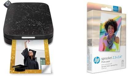 HP Sprocket Portable Photo Printer (Black Noirl) Instantly Prints ZINK 2x3 Sticky-Backed Photos & 2.3 x 3.4 Premium Zink Photo Paper (20 Sheets) Compatible with Sprocket Select and Plus