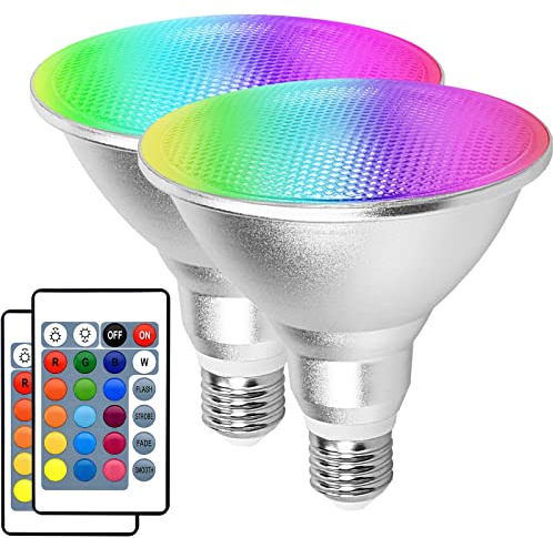 Multicolor LED Par38 Flood Light Bulb Outdoor Waterproof, 1800LM, 30W=90W, RGB + Warm White 3000K, 2 Pack Color Changing Floodlight Dimmable with Remote, Indoor Lamp E26 Base for Party Decoration