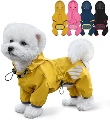 Dog Raincoat, Waterproof Dog Rain Jacket with Hood, Rain Coat with Leash Hole, Reflective Strap for Small Medium Dogs, Lightweight Puppy Clothes(Yellow,S)