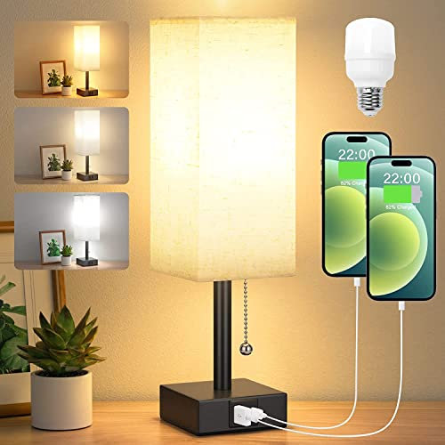 Aooshine Bedside Lamps, Table Lamp with USB C+A Charging Ports, Small Lamp with 3-Color Modes with Pull Chain, Bedroom Lamps with Beige White Fabric Shade(LED Bulb Included)