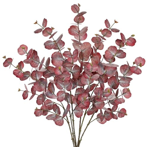 Hollyone 6PCS Künstliche Eukalyptus Stiele 86cm Kunstzweige Gefälschte Pflanzen Zweige Silber Dollar Blätter Faux Rot Blätter Stiel für Hochzeit Blumenstrauß Vase Tisch Centerpiece Dekoration