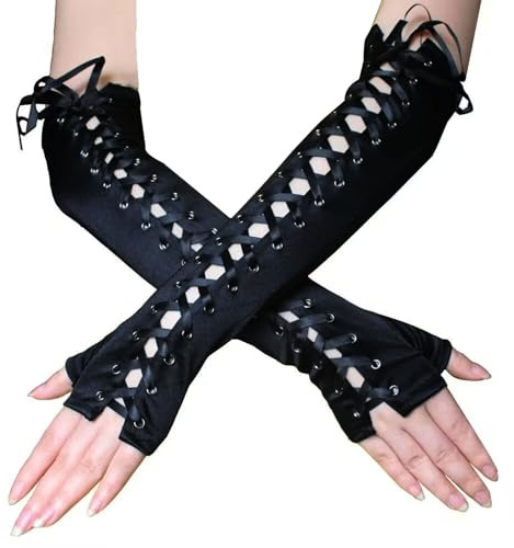 ASFWAGQ Karneval Armstulpen Gothic Fingerlose Handschuhe Schwarze Punk Lang Halbhandschuhe mit Schnürung Damen Kostüm Accessoires für Fest Ball Party Cosplay Fasching