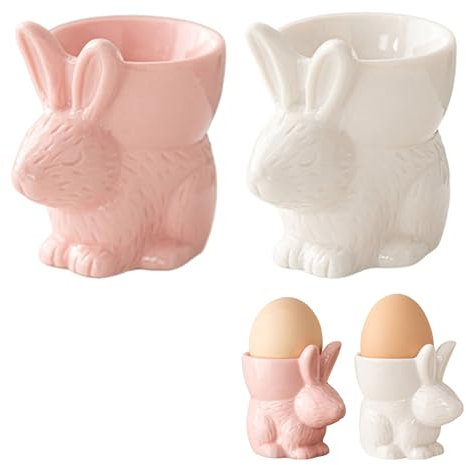 Lergas Eierbecher Ostern, 2 Stück Osternhase Eierbecher Porzellan, Ostern Eierbecher Kinder, Osterdeko Kaninchen Eierbecher Keramik, Osternhase Eierhalter Lustig für Ostern Tischdeko (Weiß+Rosa)