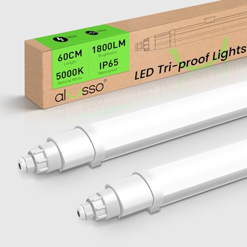 ALUSSO LIGHTING Lot de 2 Réglette LED 60cm, 18W 1800LM 5000K Neutre Blanc IP65 Extérieur étanche Neon LED, Tubes Lumineux pour Garage, Cave,Entrepôt, Bureau, Atelier, éclairage de cuisine