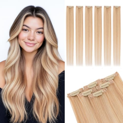 MY-LADY Clip in Extensions Echthaar 6 Stück, 35cm Haarverlängerung Natürlich, Single Clip Hair Extension Highlights für Frauen Damen Glatt Ascheblond/blond(#18P613, 36g)