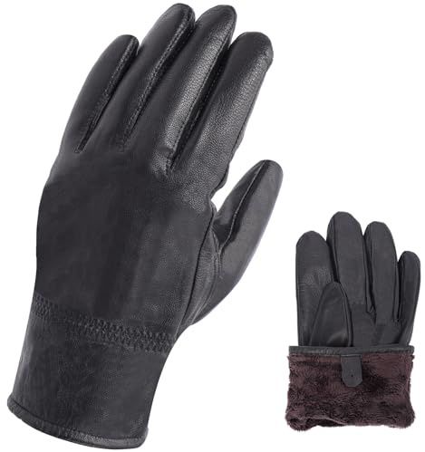 Risipu Genuine Leather Gloves for Men Women Black Winter Warm Gloves with Fleece Inside for Cold Weather Outdoor Driving Cycling (Black, L)