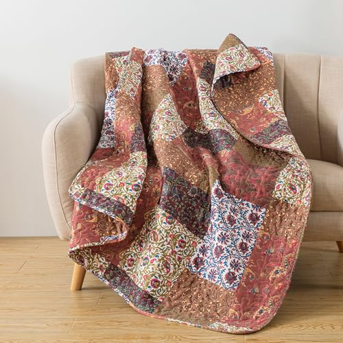 SLPR Red Riches 50 x 60 Fall Quilted Throw Blanket, Brown and Rust Floral Pattern Throw Quilt for Couch and Bed, Autumn Red Toned Patchwork Lap Quilt