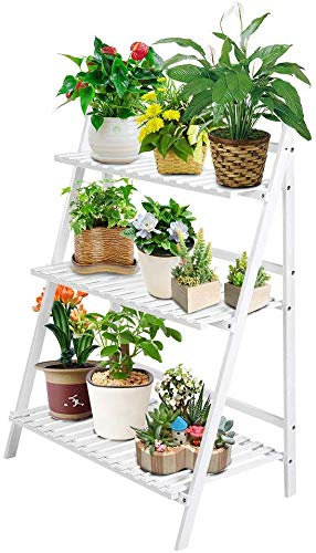 Ejoyous Escalera para Macetas de 3 Niveles, Soporte Plegable para Plantas Escalera para Flores de Estantería para Plantas en Bambú Decorativa para Macetas para Jardín Terraza Balcón 70 x 40 x 96 cm