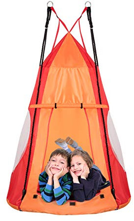 DREAMADE Nestschaukel mit Zelt, Hängezelt Höhenverstellbar Gartenschaukel, Schaukelnest Hängenest mit Tür Fenster, Tellerschaukel max.Tragfähigkeit 150kg, für Baum Garten Kinderzimmer (orange)