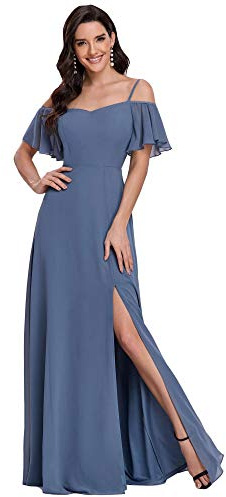 Ever-Pretty Abiti da Cerimonia d'Onore Lunghi in Chiffon con dalla Spalla in Stile Impero a Maniche Corte da Donna con Spacco Laterale Denim Blu 42EU