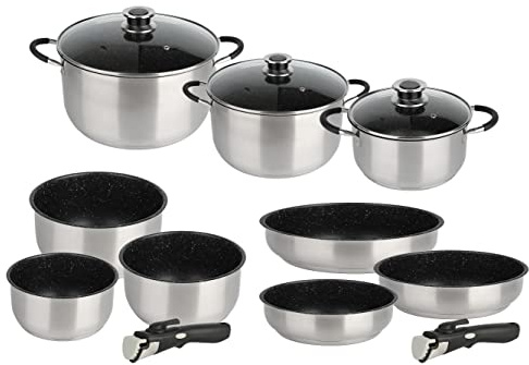 KAMBERG Set pentole 12 pezzi, Acciaio inossidabile, Rivestimento in Pietra, Tutti i fuochi tra cui induzione, Manico rimovibile, Senza PFOA, Grigio