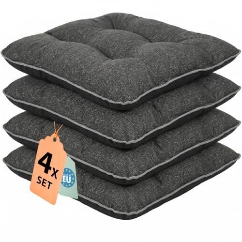 Outdoor Leinen-Optik Sitzkissen Stuhlkissen - 4er Set - 45 x 45 cm - Made in EU, Wasserdichtes & UV-beständig Gartenkissen - Stuhlauflage Stuhlpolster für Balkonstühle – Dunkel Grau