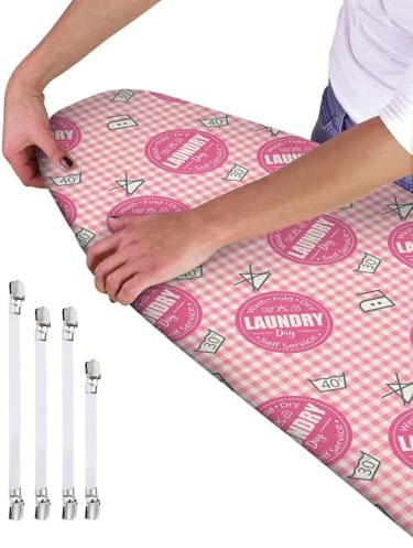 Ironing Board Cover - Universal Fit - 120 x 40cm + 4 pack Ironing Board Fitting Clips (Pink Gingham)