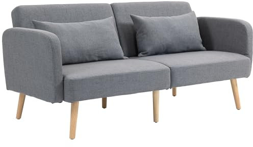 HOMCOM Schlafsofa, 2-Sitzer Klappbett mit Bettfunktion, 2 Wurfkissen, 3-Sitzer Polstersofa mit Verstellbarer Rückenlehne, Leinenoptik, für Wohnzimmer, Schlafzimmer, 170 x 83 x 80 cm, Grau