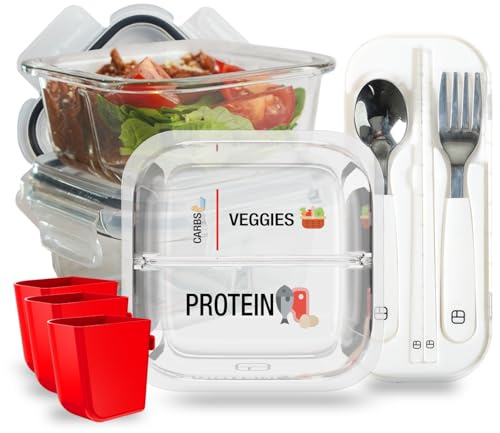 BariBowl Portion Control Containers for Bariatric Meals – 8 oz Glass Meal Prep Containers with Two 4 oz Compartments and Lids (3 Pack), Reusable Bento Lunch Boxes